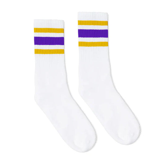 Retro SOCCO GOLD & PURPLE STRIPED | WHITE MID SOCKS