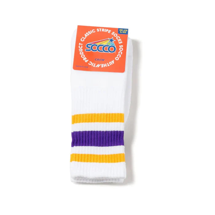Retro SOCCO GOLD & PURPLE STRIPED | WHITE MID SOCKS
